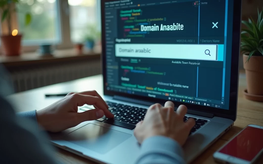 Someone typing a domain name into a registrar search field on a computer screen