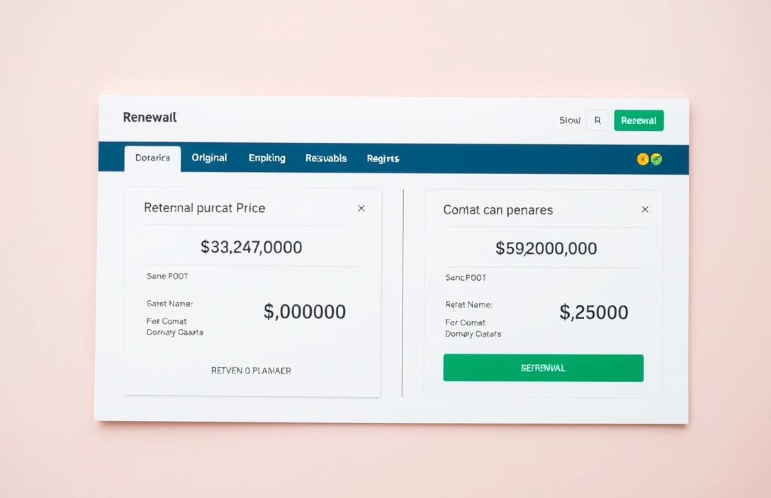 Domain registrar renewal pricing screen comparing initial purchase price to higher renewal rate