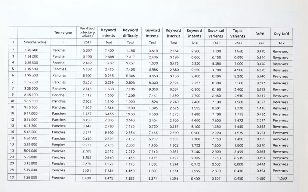 Organized keyword list with volume, difficulty, and intent classifications