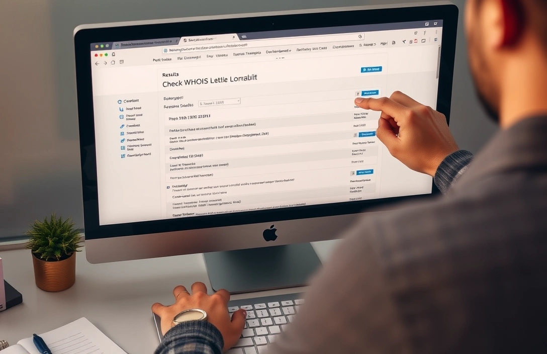 Person examining WHOIS records displaying domain registrant details and expiration dates.